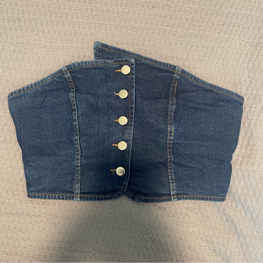 Blue Denim Crop Top with Structured Design